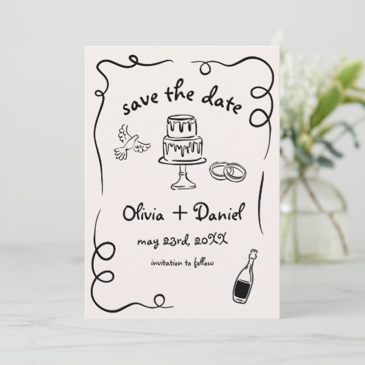 Funky Whimsical Hand Drawn Wedding Save The Date (Stehend Vorderseite)