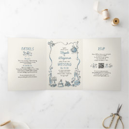 Funky Whimsical handgezeichnet modernes HochzeitsF Dreifach Gefaltete Einladung