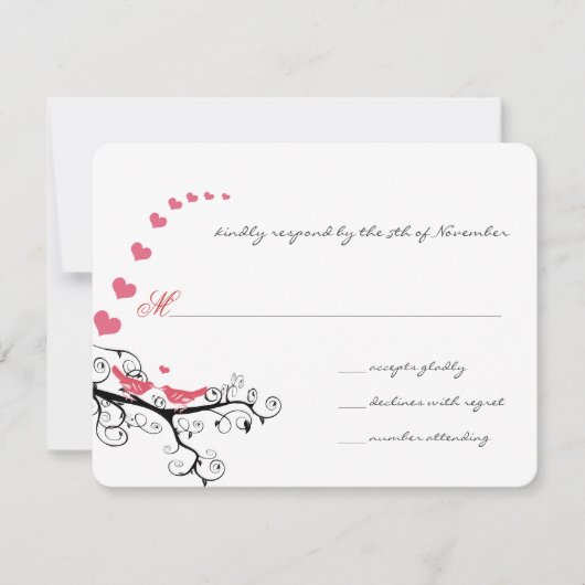 Funky Wirbel Pink Love Bird Tree Wedding RSVP Karte (Vorderseite)