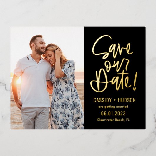 Funky Writing Foil Save the Date Postcard Folie Einladungspostkarte (Vorderseite)