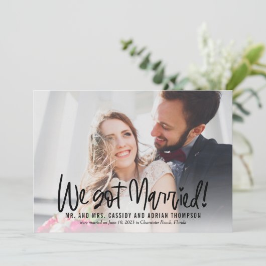 Funky Writing Wedding Elopement Empfang laden ein Dankeskarte (Stehend Vorderseite)