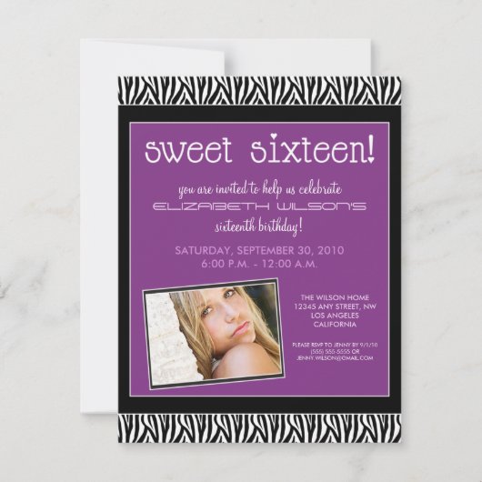 Funky Zebra Sweet 16 Birthday Party Invite (lilac) Einladung (Vorderseite)