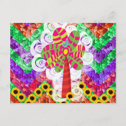 Funky Zickzack Mosaic Tree Wirbel Sonnenblumen Som Postkarte (Vorderseite)