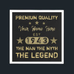 Funny 1943 Birthday Man Myth Legend Serviette<br><div class="desc">Ein lustiges Geburtstagsdesign,  das dem Mann den Mythos der Legende sagt! Geburtstagsgeschenke für Männer,  die ihr Alter in einem einstündigen Jahr feiern. Schwarz und Gold mit einem coolen Not leidenden Schriftart,  der Ihnen lasse,  Ihren Namen mit der Option personalisieren!</div>