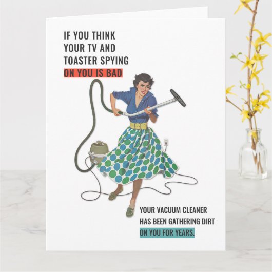Funny 1950er Jahre Hausfrau Vacuuming Gruß Karte (Gelbe Blume)