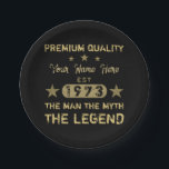 Funny 1973 Birthday Man Myth Legend Pappteller<br><div class="desc">Ein lustiges Geburtstagsdesign,  das dem Mann den Mythos der Legende sagt! Geburtstagsgeschenke für Männer,  die ihr Alter in einem einstündigen Jahr feiern. Schwarz und Gold mit einem coolen Not leidenden Schriftart,  der Ihnen lasse,  Ihren Namen mit der Option personalisieren!</div>
