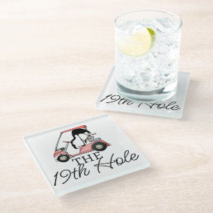 Funny 19. Loch Golf Cart Flamingo Glasuntersetzer