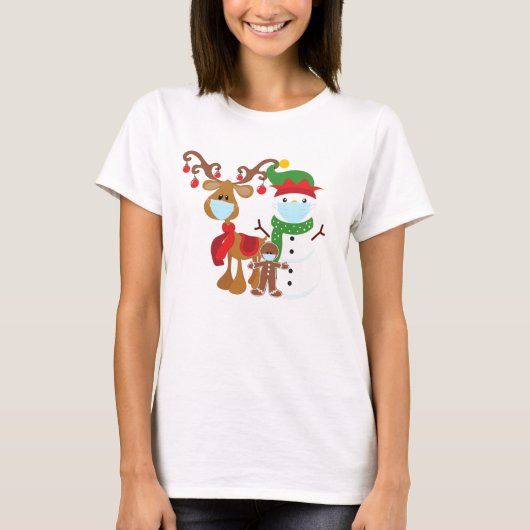 Funny 2021 Reindeer Snowman Face Masken T-Shirt (Vorderseite)