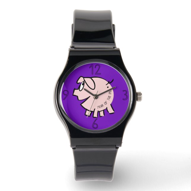 Funny 3 Cartoon Illustration Schweinejahr Geburtst Armbanduhr (Vorderseite)