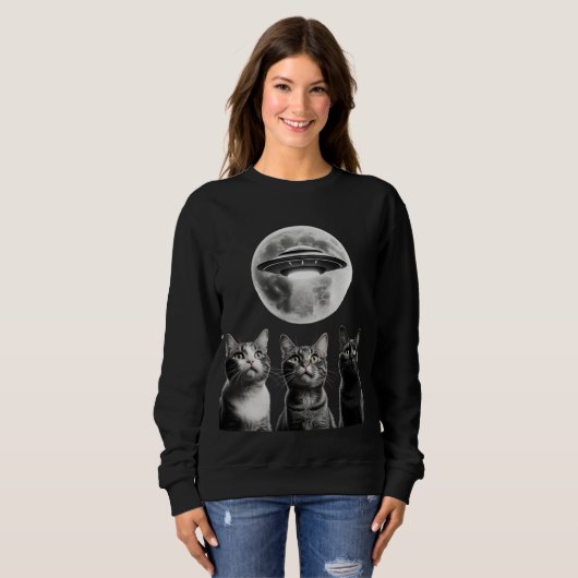 Funny 3 Schrecken Katzen Moon UFO Alien Earth Inva Sweatshirt (Vorne ganz)
