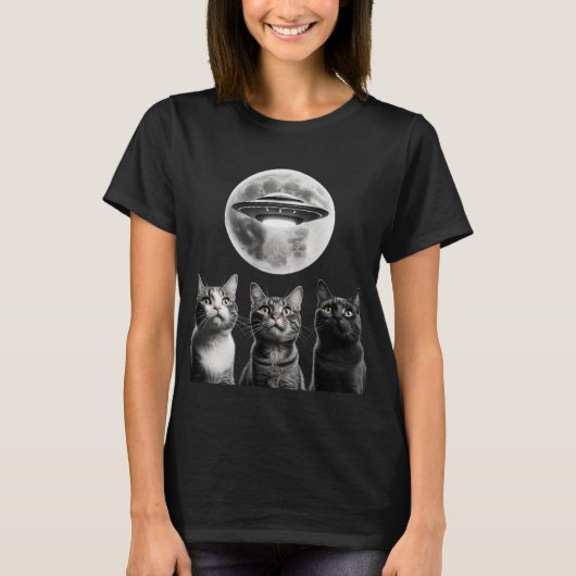 Funny 3 Schrecken Katzen Moon UFO Alien Earth Inva T-Shirt (Vorderseite)