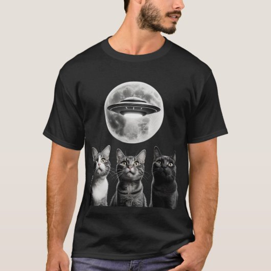 Funny 3 Schrecken Katzen Moon UFO Alien Earth Inva T-Shirt (Vorderseite)