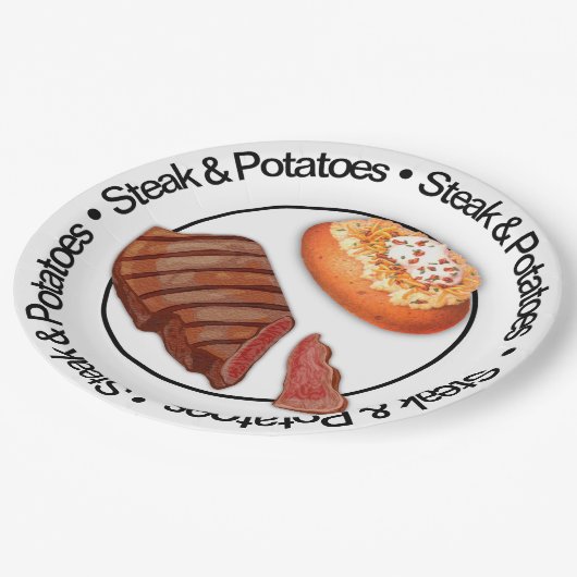 Funny 3D Steak & Potatoe Papierplatte Pappteller (Schrägansicht)