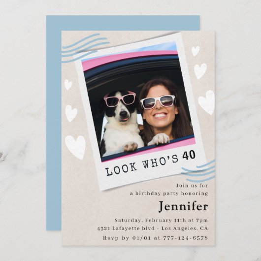 Funny 40. Geburtstag Einladungen Foto Look wer ist (Vorne/Hinten)