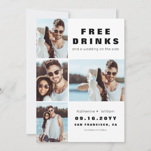 Funny 4 Foto Free Drinks Save the Date Karte (Vorderseite)