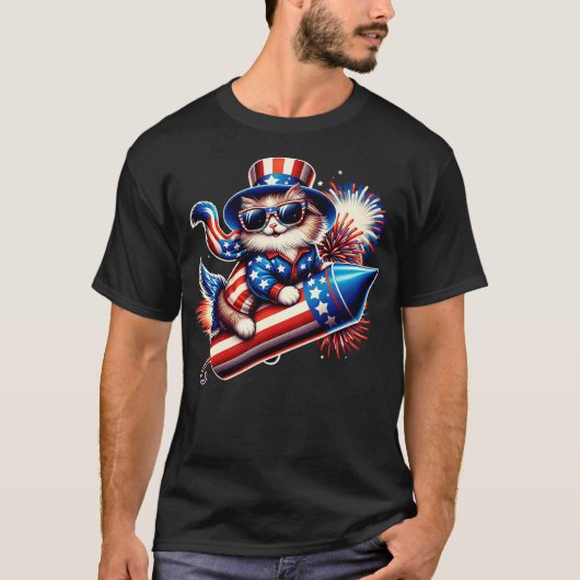 Funny 4th of July Patriotic Cat Rocket With Firewo T-Shirt (Vorderseite)