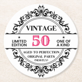 Funny 50. Schwarz und Rosa Vintag Geburtstag Runder Pappuntersetzer