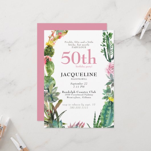 Funny 50th Cactus Prickly, Bitchy & Fabulous Einladung (Vorderseite/Rückseite Beispiel)