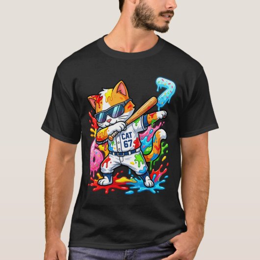 Funny 67 Baseball Dabbing Cat 6 7 Dripng Ice Cream T-Shirt (Vorderseite)