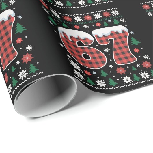 Funny 67 Six Seven Meme Cringe Christmas Red Plaid Geschenkpapier (Rolleneckpunkt)