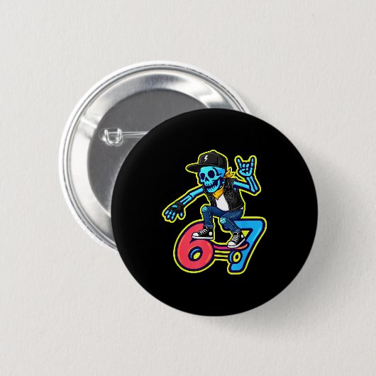 Funny 67 Skeleton Skater Meme Retro Skateboarding Button (Vorne & Hinten)