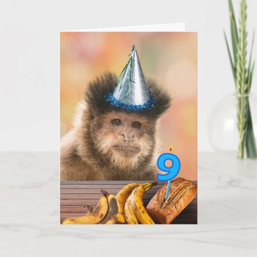 Funny 9th Birthday Kapuziner Monkey Banana Brot Karte (Vorderseite)