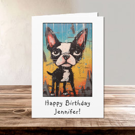 Funny Abstrakt Boston Terrier Happy Birthday Name Karte