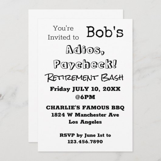 FUNNY Adios, Paycheck Vater Rente Party Einladung (Vorne/Hinten)