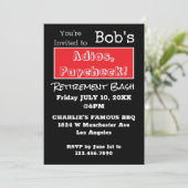 FUNNY Adios, Paycheck Vater Rente Party Einladung (Stehend Vorderseite)