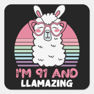 Funny Adorable Llama 91. Geburtstagsgeschenk für F Quadratischer Aufkleber