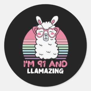 Funny Adorable Llama 91. Geburtstagsgeschenk für F Runder Aufkleber