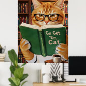 Funny Adorable Reading Cat Art Coffee Tabby Cat Poster (Heimbüro)
