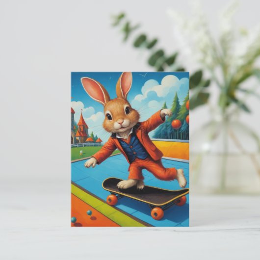 Funny Adorable Skateboarding Brown Rabbit Postkarte (Stehend Vorderseite)