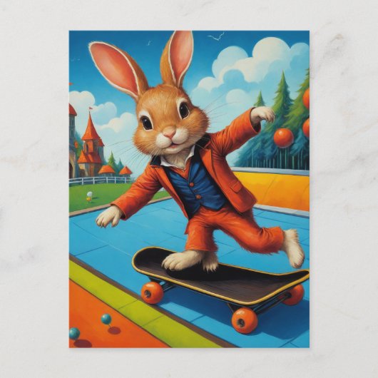 Funny Adorable Skateboarding Brown Rabbit Postkarte (Vorderseite)