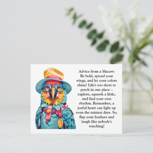 Funny Advisor von einem Macaw Postkarte (Stehend Vorderseite)