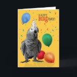 Funny African Gray Parrot Birthday Spaß Karte<br><div class="desc">Ein sehr niedlicher afrikanischer grauer Papagei quawks; "Happy BIRDday" umringt von farbenfrohen Ballons und Konfetti auf einem fröhlichen gelben Hintergrund.</div>