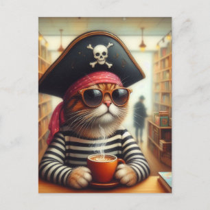 Funny AI Art Piraterie Katze mit Kaffee im Buchlad Postkarte