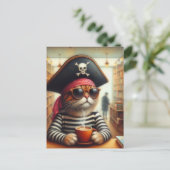 Funny AI Art Piraterie Katze mit Kaffee im Buchlad Postkarte (Stehend Vorderseite)