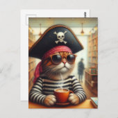 Funny AI Art Piraterie Katze mit Kaffee im Buchlad Postkarte (Vorne/Hinten)