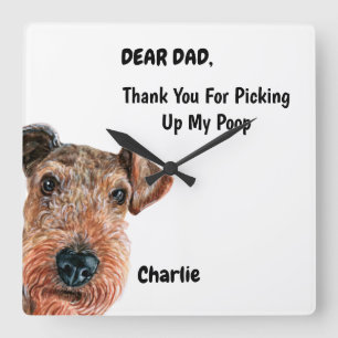 Funny Airedale terrier Dad Watercolor Canine Art Quadratische Wanduhr
