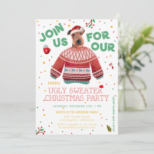 Funny Airedale Terrier Ugly Sweater Xmas Party Einladung (Stehend Vorderseite)