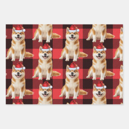 Funny Akita Christmas Dog Buffalo Plaid Geschenkpapier Set