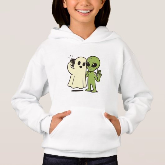 Funny Alien and Ghost Halloween Selfie Hoodie (Vorderseite)