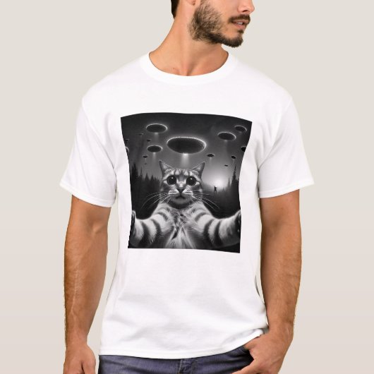 Funny Alien Cat UFO Cat Selfie mit UFOs T-Shirt (Vorderseite)