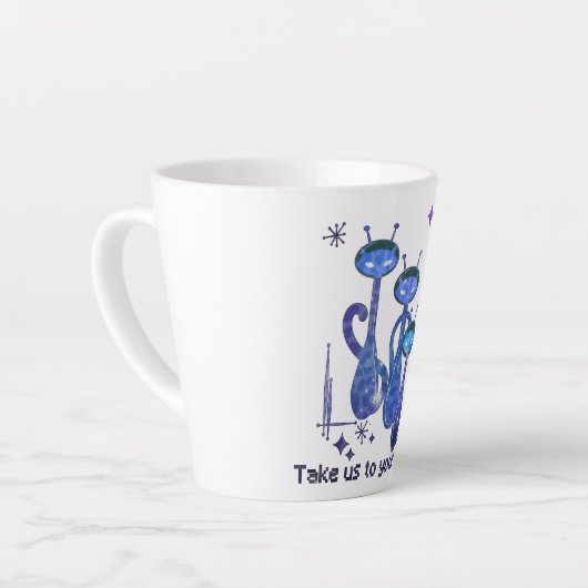 Funny Alien Cats - "Bring uns zu deinem Müll" Milchtasse (Linke Ecke)