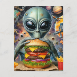 Funny Alien Eating Cheeseburger Postkarte