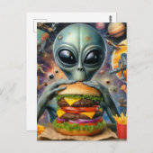 Funny Alien Eating Cheeseburger Postkarte (Vorne/Hinten)