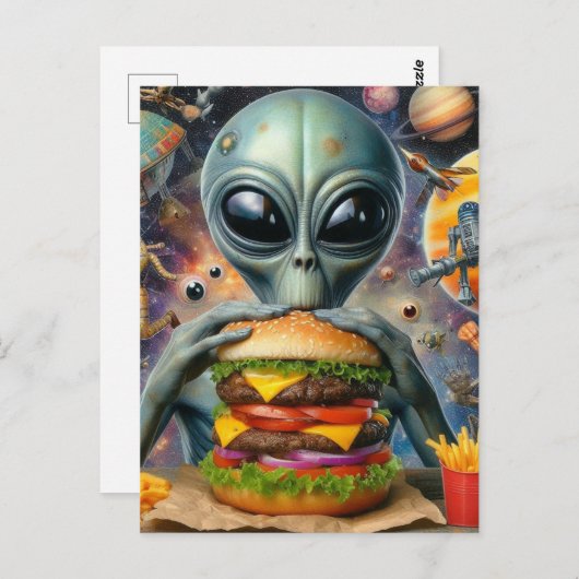 Funny Alien Eating Cheeseburger Postkarte (Vorne/Hinten)