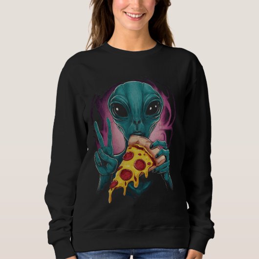 Funny Alien Head Eating Pizza UFO Extraterrestrial Sweatshirt (Vorderseite)