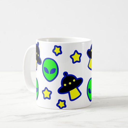 Funny Alien Head UFO Stars Muster Cartoon Comic Kaffeetasse (Vorderseite Links)